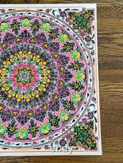 Vtg Psychedelic Mandala Blacklight Poster Neon Floral Boho Op Art Hippie Decor