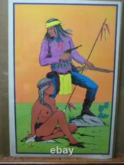 WARRIOR & woman I Black Light Poster 1971 Vintage Indian In#G6179